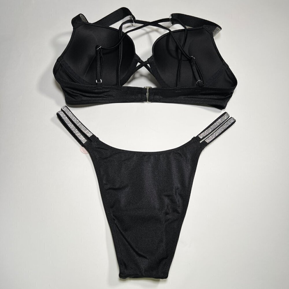 Victoria Secret 34C M Bombshell Push Up Bikini Top Set Glam Shine Strap Black - Picture 7 of 12